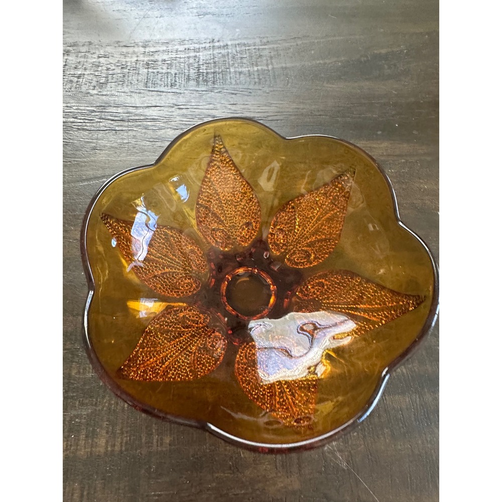 Vintage Anchor Hocking Renaissance Desert Gold Amber Glass Leaf Bowl MCM EUC